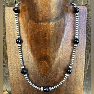 Southwestern Sterling Silver Black Onyx 4mm Pearls Bead Necklace. 18 Inch. Gift